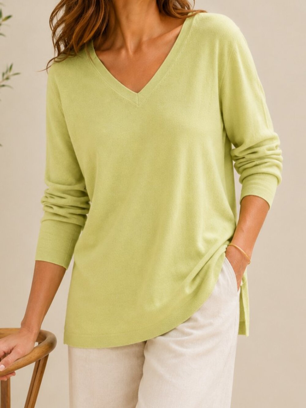 Oui NWT Lightweight V-Neck Sweater | Light Lime Green Knit | EU 46 - PTP 23-24